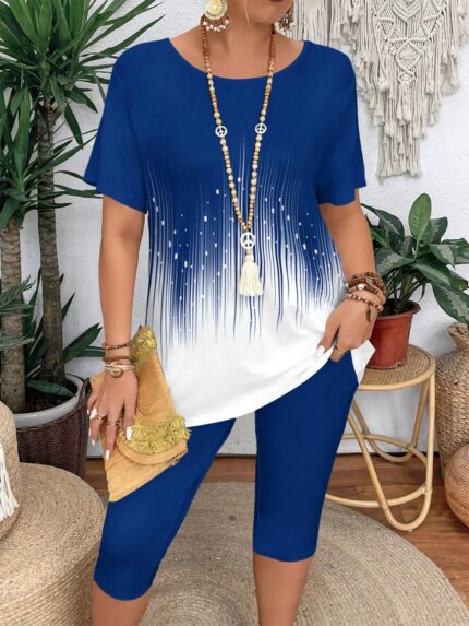 Plus Size Color Block T-Shirt & Leggings Set Women’s Casual 2-Piece Outfit