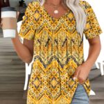 Plus Size Orange V-Neck Printed T-Shirt