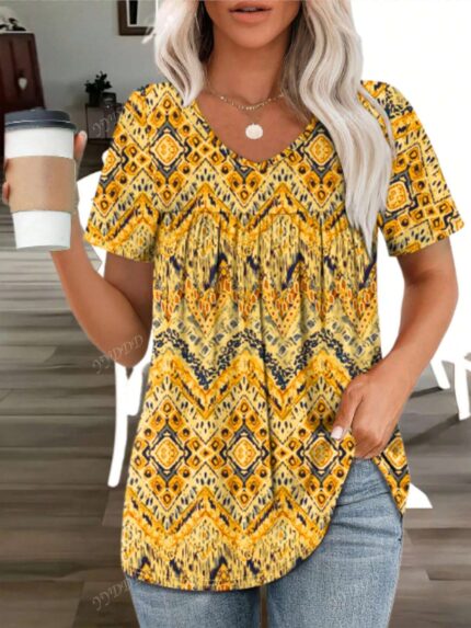 Plus Size Orange V-Neck Printed T-Shirt