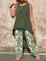 Plus Size Paisley Print 2-Piece Set Sleeveless Top