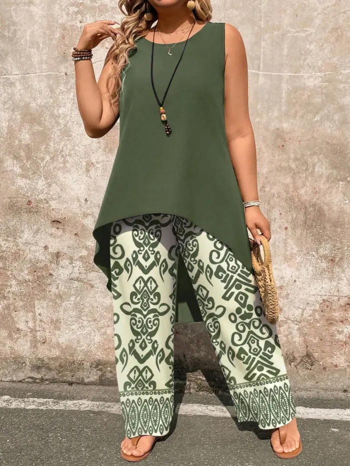 Plus Size Paisley Print 2-Piece Set Sleeveless Top
