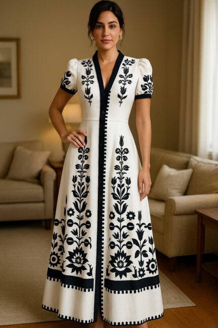 Women’s Elegant Apricot Floral Dress Summer Outfit