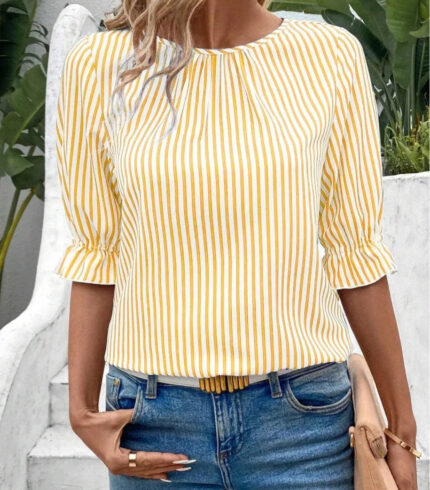 Elegant Striped Short Sleeve Shirt for Women