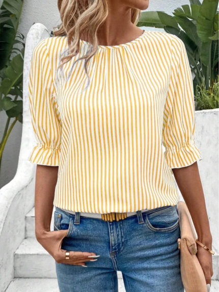 Elegant Striped Short Sleeve Shirt for Women