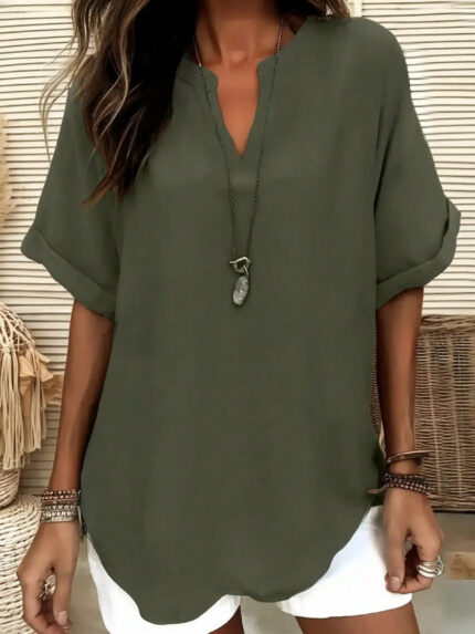 Plus Size 1XL-5XL Women's Fashion Solid Color Notched Top Ladies Casual Short Sleeve Summer V-Neck Blouse Shirt Tops