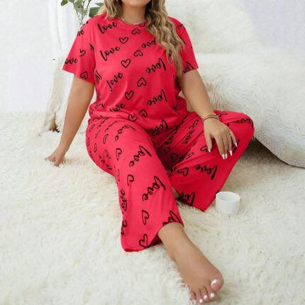 Heart Letters Print Pajama Set For Women Plus Size