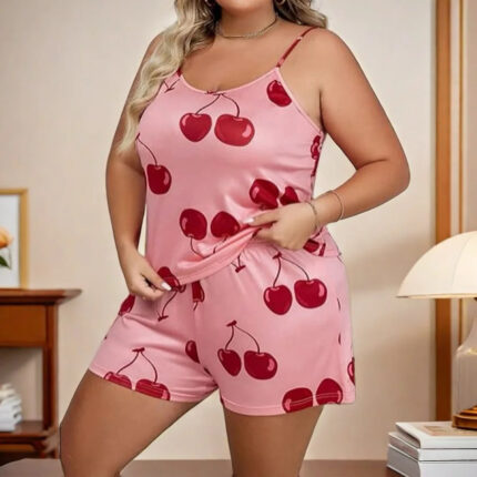 Cherry Print Plus Size Women's Pajamas Set Sleeveless Top & Shorts