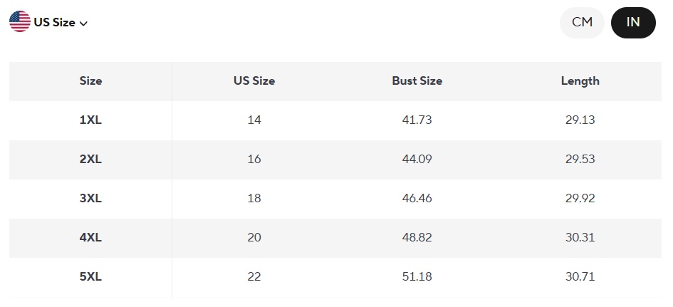 size chart plus size summer tops for women