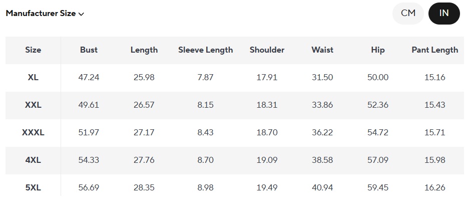 plus size sleepwear size chart.