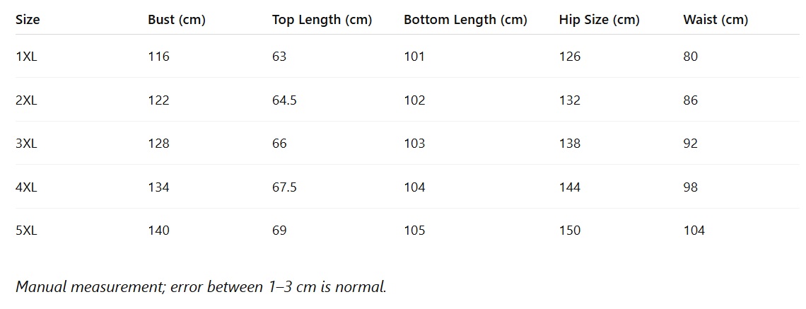 size chart pajama set