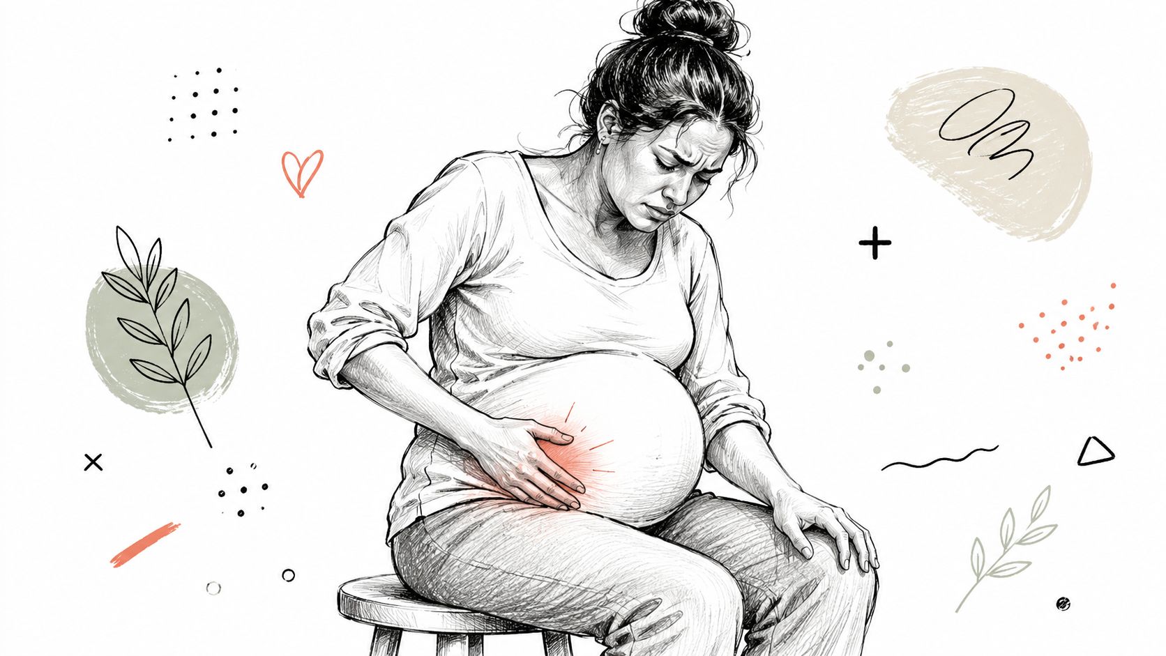 A pencil sketch of a pregnant woman sitting down and holding her abdomen in pain.