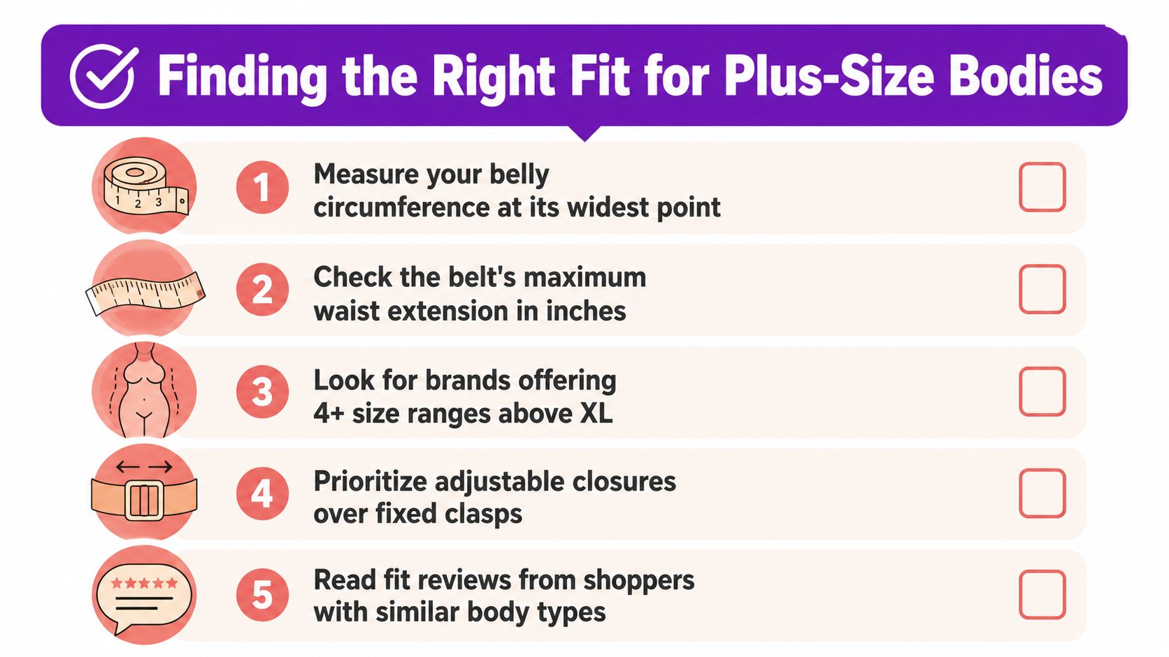 An infographic titled Finding the Right Fit for Plus-Size Bodies with five tips for buying support belts.