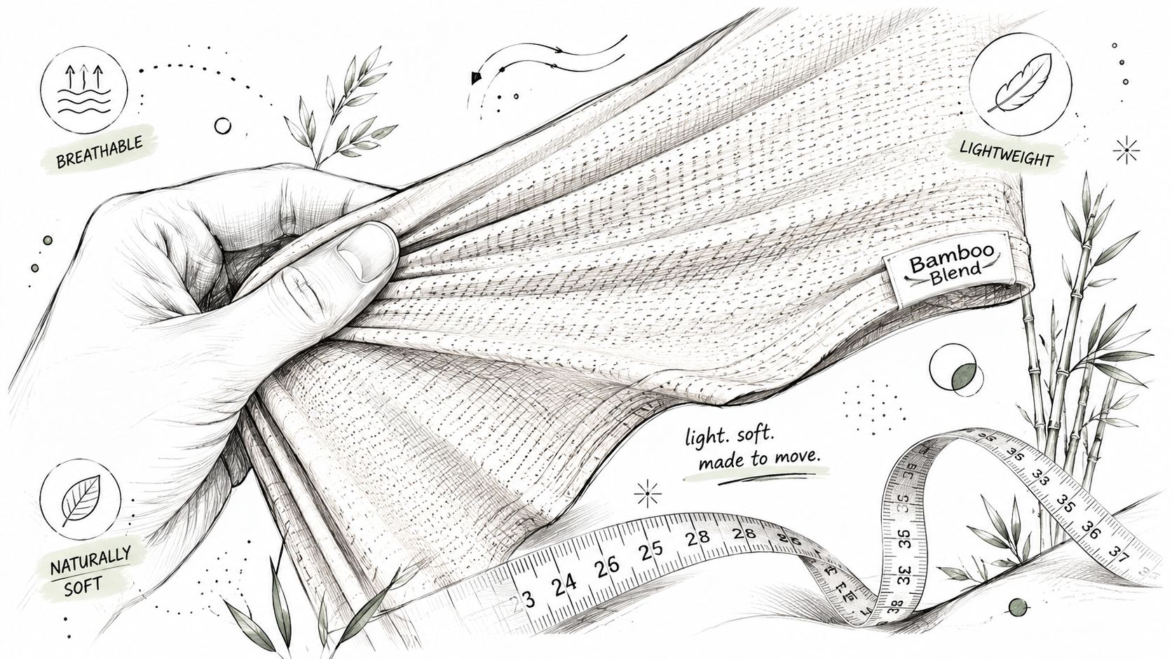 A hand holding a soft, breathable, and lightweight piece of bamboo blend fabric with measuring tape below.