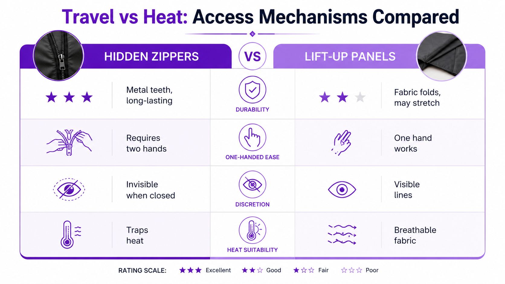 A comparison chart showing hidden zippers versus lift-up panels for clothing accessibility and heat management performance.