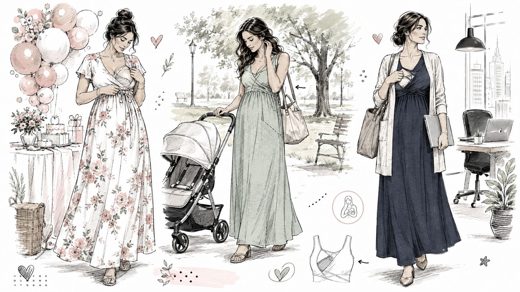 A fashion illustration showing a woman wearing versatile breastfeeding maxi dresses in three different casual and professional settings.