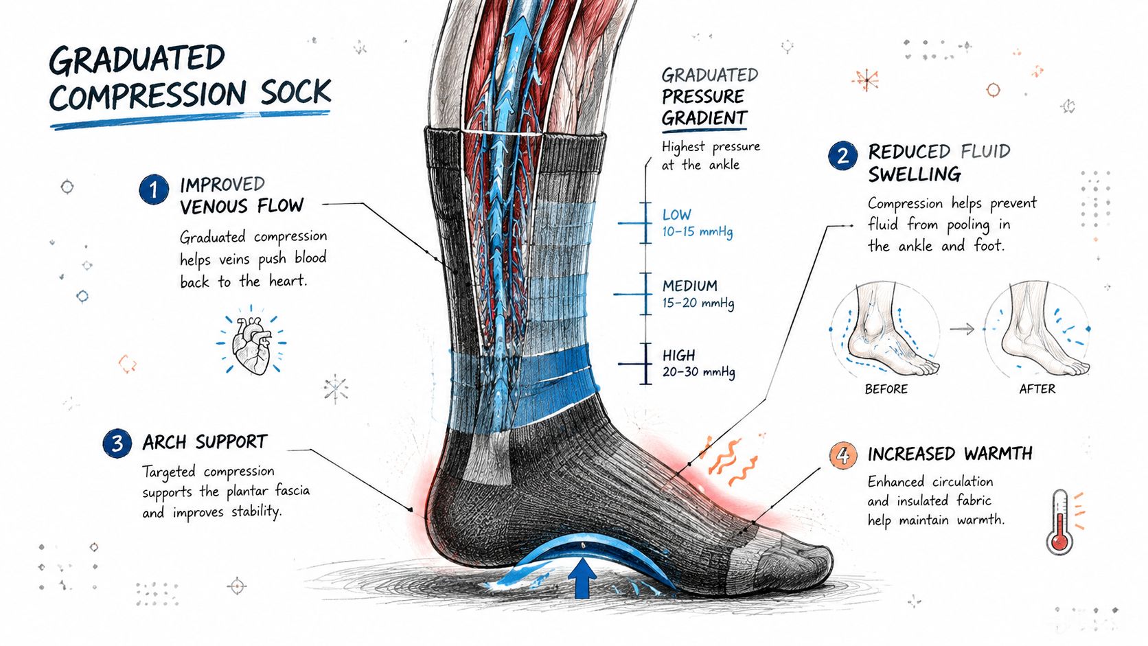 A diagram explaining the benefits of graduated compression socks, including venous flow, reduced swelling, arch support, and warmth.