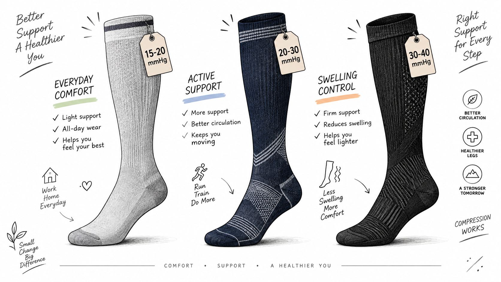 A product infographic comparing three types of compression socks with different pressure levels and intended usage benefits.