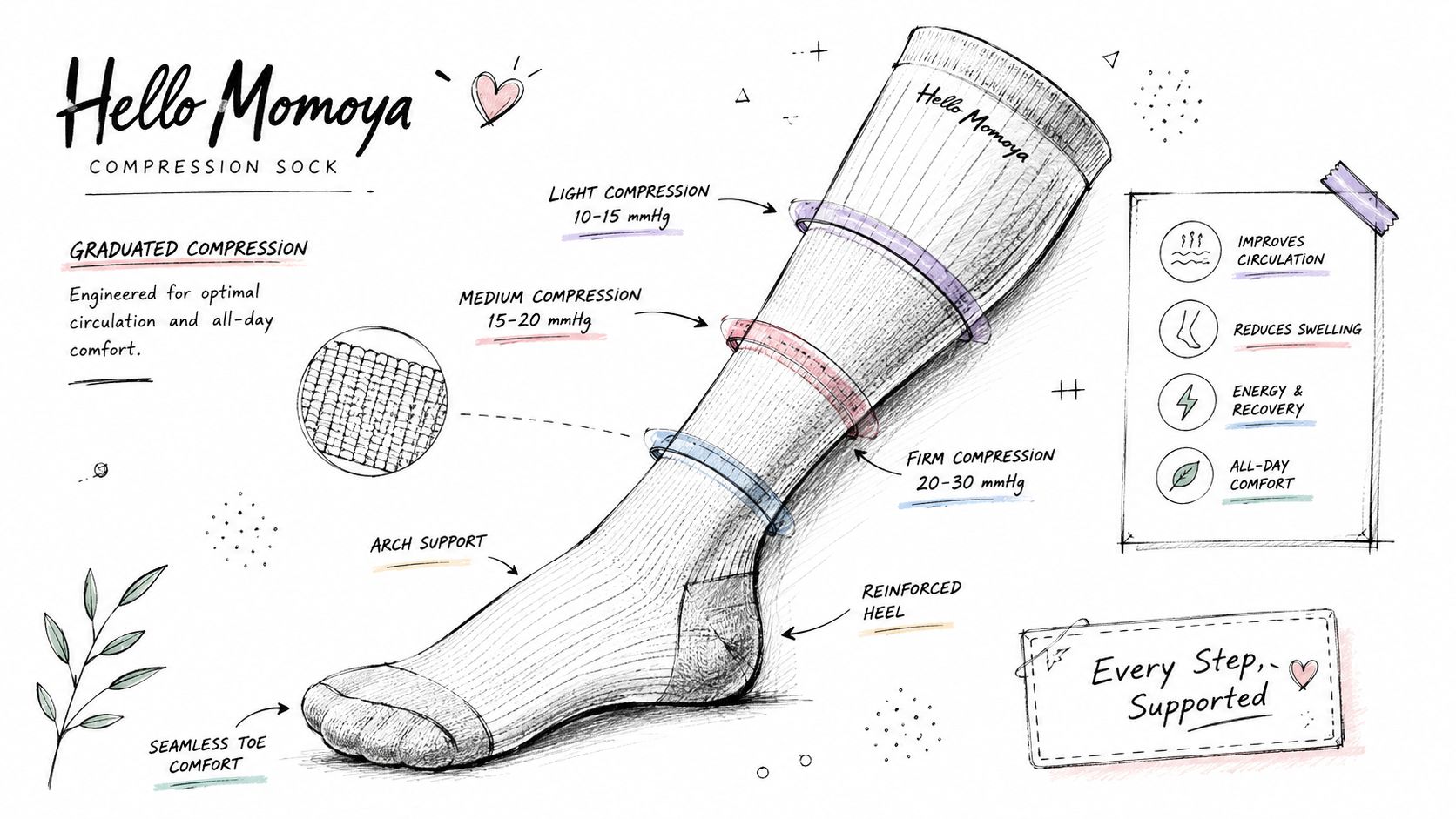 A detailed technical illustration of Hello Momoya compression socks showing graduated pressure levels and product benefits.