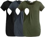 Black, deep grey and army green breastfeeding tees stacked