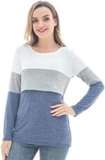 Woman in white, grey and blue colorblock nursing shirt