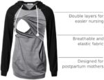 Nursing hoodie infographic showing double layers and elastic fabric