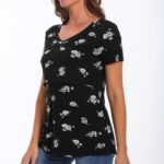 Black floral short sleeve breastfeeding top side view