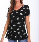 Woman wearing black floral v neck nursing top