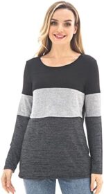 Woman wearing black and grey colorblock long sleeve nursing top