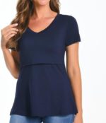 Woman wearing navy v neck nursing top front view