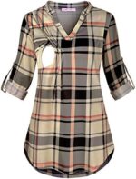 Beige plaid nursing tunic showing side nursing access