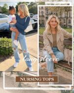 Women styling long sleeve nursing tops with jeans outdoors