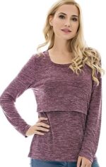 Woman wearing burgundy long sleeve nursing top showing front layer