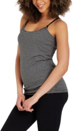 Clip down nursing cami in black and grey stripe on pregnant model