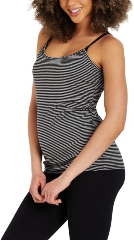 Clip down nursing cami in black and grey stripe on pregnant model