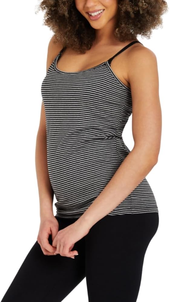 51uRCEECnhL._AC_SL1000_.jpg Clip down nursing cami in black and grey stripe on pregnant model