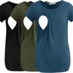 Ruched breastfeeding shirts in black, army green and grey blue