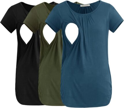 Ruched breastfeeding shirts in black, army green and grey blue