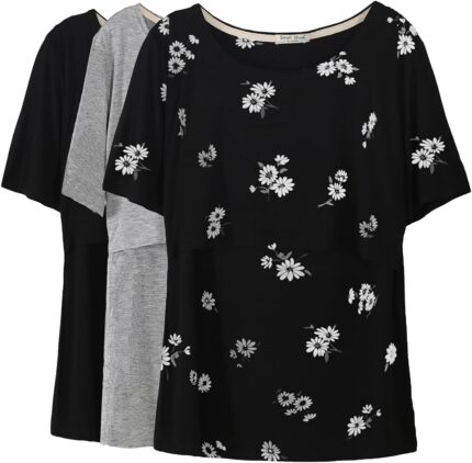 Black daisy print nursing t-shirt with black and grey tees
