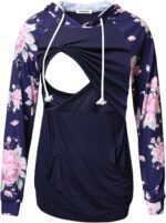 Navy hoodie with pink floral sleeves for nursing