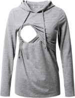 Heather grey hooded nursing top with drawstring