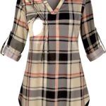 Roll sleeve nursing tunic in beige plaid with nursing opening