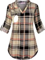 Roll sleeve nursing tunic in beige plaid with nursing opening