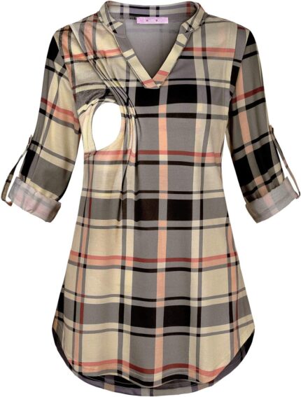Roll sleeve nursing tunic in beige plaid with nursing opening