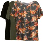 Orange floral print nursing top with army green and black tees