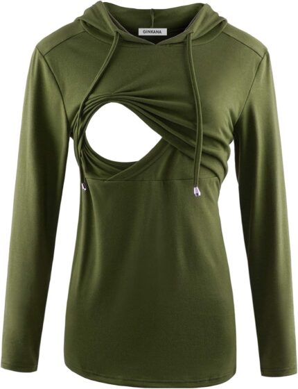 Olive green nursing hoodie with wrap front