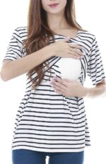 Woman wearing striped nursing t-shirt with double-layer opening