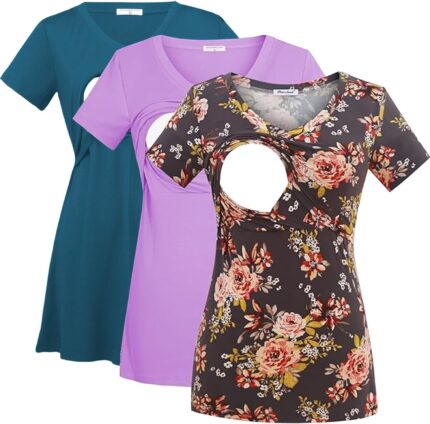 Teal, lilac and dark floral nursing tees with nursing opening