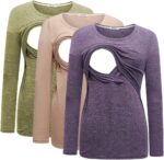 Olive, tan and purple long sleeve maternity nursing shirts