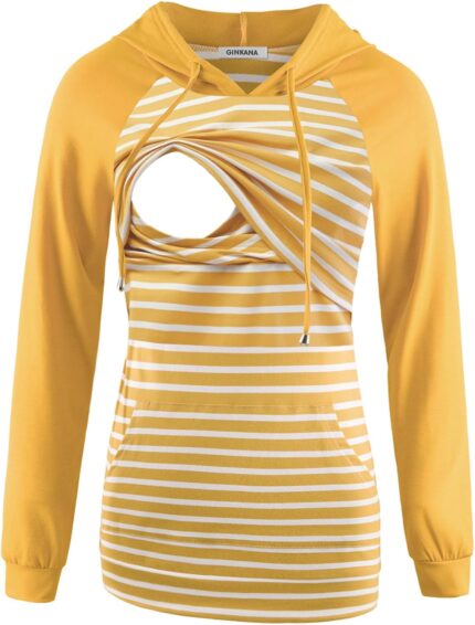 Nursing hoodie for breastfeeding in yellow and white stripe