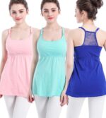 Models wearing pink, mint and royal blue racerback nursing tanks